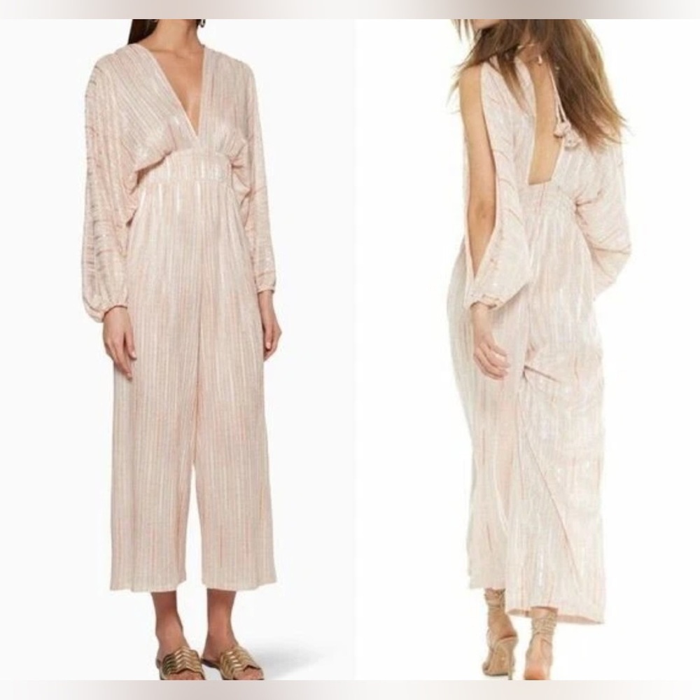 Misa LA Blush Metallic Shimmer Jumpsuit • V-Neck • Open Back • Wide Leg S EUC